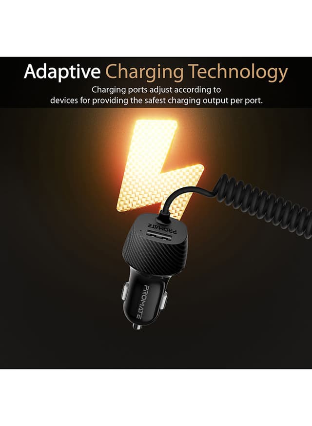 promate Premium Carbon Fibre 3.4A Car Charger with Built-In Connector Coiled Cable and 2.4A Ultra-Fast USB Charging Port, Short-Circuit Protection for Smartphones, Tablets, GPS, VolTrip-i Black