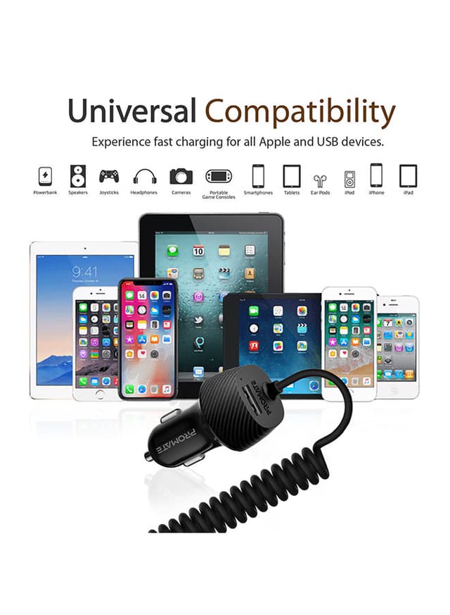 promate Premium Carbon Fibre 3.4A Car Charger with Built-In Connector Coiled Cable and 2.4A Ultra-Fast USB Charging Port, Short-Circuit Protection for Smartphones, Tablets, GPS, VolTrip-i Black