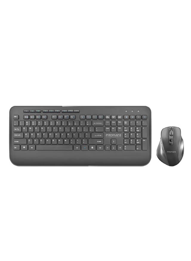 Promate Wireless Keyboard and Mouse Combo, Ergonomic Sleek 2.4Ghz Full-Size Wireless Keyboard with Palm Rest and 1600 DPI Mouse, Nano USB Receiver and Auto-Sleep Function for PC, Desktops, Windows, IOS, ProCombo-8 Black