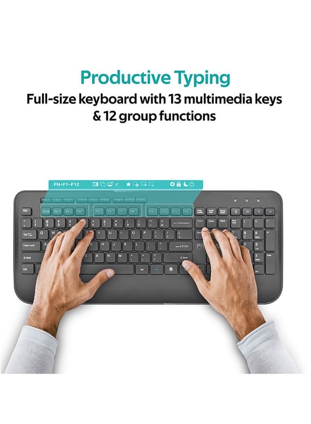 Promate Wireless Keyboard and Mouse Combo, Ergonomic Sleek 2.4Ghz Full-Size Wireless Keyboard with Palm Rest and 1600 DPI Mouse, Nano USB Receiver and Auto-Sleep Function for PC, Desktops, Windows, IOS, ProCombo-8 Black