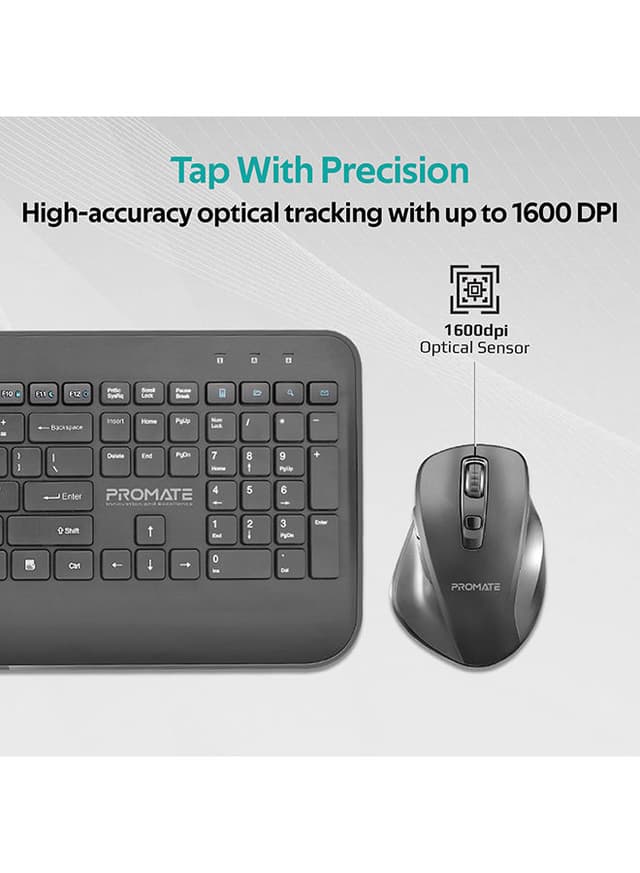 Promate Wireless Keyboard and Mouse Combo, Ergonomic Sleek 2.4Ghz Full-Size Wireless Keyboard with Palm Rest and 1600 DPI Mouse, Nano USB Receiver and Auto-Sleep Function for PC, Desktops, Windows, IOS, ProCombo-8 Black