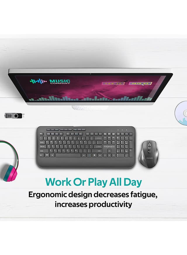 Promate Wireless Keyboard and Mouse Combo, Ergonomic Sleek 2.4Ghz Full-Size Wireless Keyboard with Palm Rest and 1600 DPI Mouse, Nano USB Receiver and Auto-Sleep Function for PC, Desktops, Windows, IOS, ProCombo-8 Black