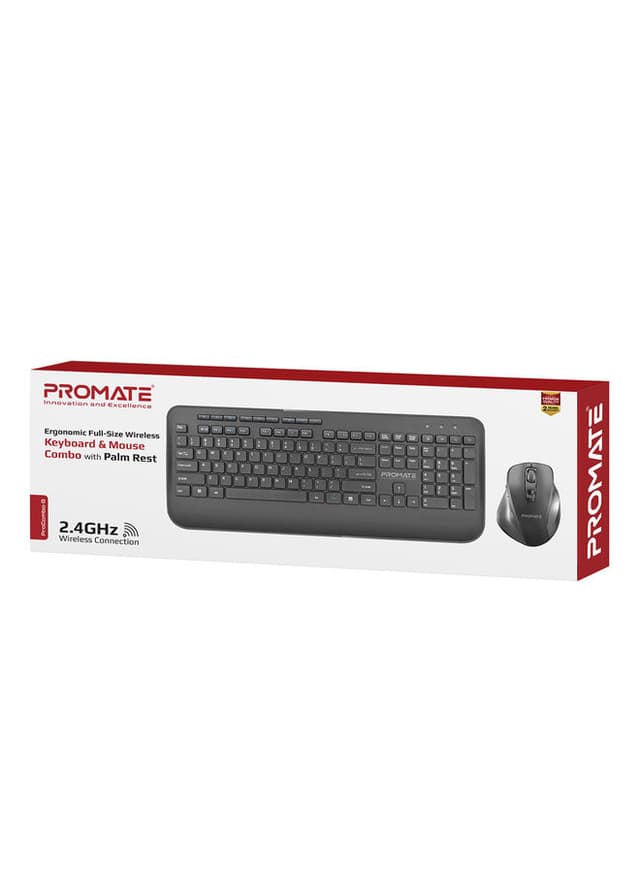 Promate Wireless Keyboard and Mouse Combo, Ergonomic Sleek 2.4Ghz Full-Size Wireless Keyboard with Palm Rest and 1600 DPI Mouse, Nano USB Receiver and Auto-Sleep Function for PC, Desktops, Windows, IOS, ProCombo-8 Black