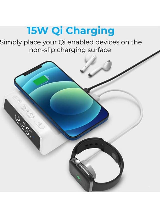 ساعة مع منبه مع شحن لاسلكي Qi 15 واط - أبيض Promate - Alarm Clock With Qi Wireless Charger White