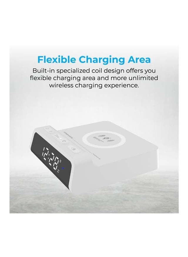 ساعة مع منبه مع شحن لاسلكي Qi 15 واط - أبيض Promate - Alarm Clock With Qi Wireless Charger White