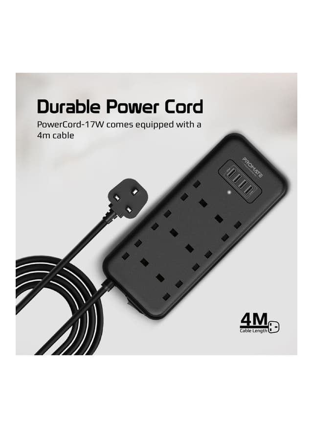 promate Premium Surge Protector Power Extension with 4M Cord Length, 3250W 6 AC Outlets, Fast Charging 3.4A 4 USB Ports Black