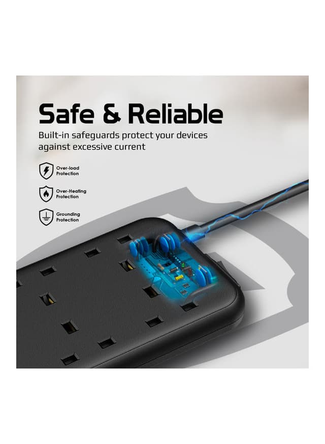 promate Premium Surge Protector Power Extension with 4M Cord Length, 3250W 6 AC Outlets, Fast Charging 3.4A 4 USB Ports Black