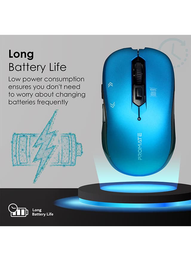 promate 2.4G Portable Optical Tracking Mouse with Mini USB Receiver, 800/1200/1600 DPI Switch, 10m Working Range and 6 Programmable Buttons Blue
