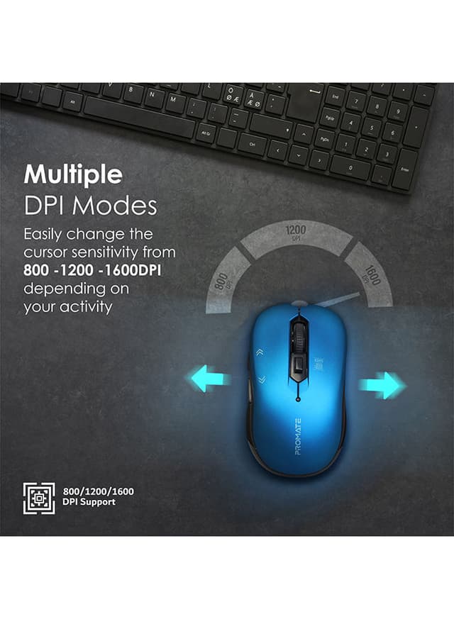 promate 2.4G Portable Optical Tracking Mouse with Mini USB Receiver, 800/1200/1600 DPI Switch, 10m Working Range and 6 Programmable Buttons Blue