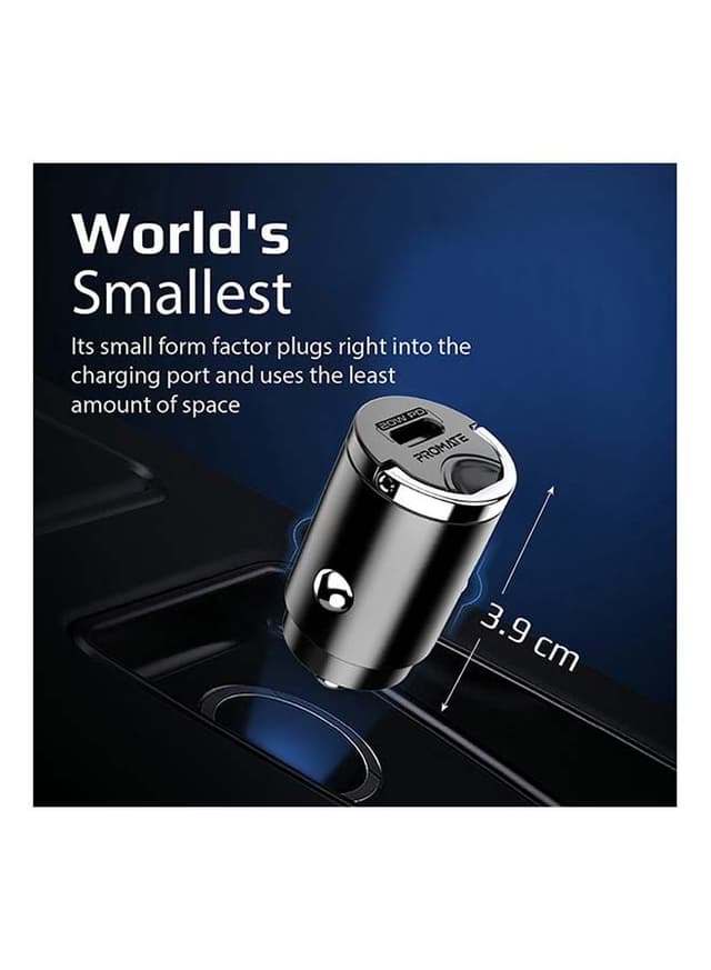 promate Smallest 20W Fast Charging USB-C Power Delivery Car Phone Charger with Mini Handle Black