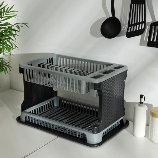 Royalford 2 Layer Rattan Dish Drainer, Plastic Drainer, RF10117 - 2-Tier Plastic Dish Drainer Rack For Kitchen Counter With Removable Drain Board For Home Kitchen Counter Top Organizer
