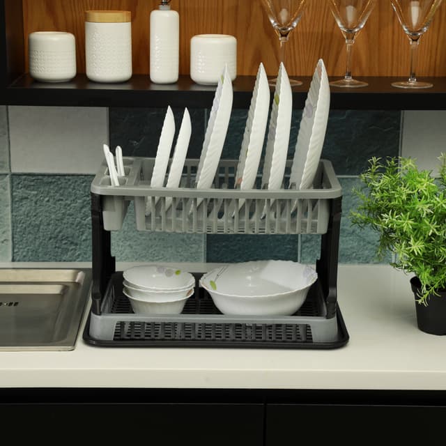 Royalford 2 Layer Rattan Dish Drainer, Plastic Drainer, RF10117 - 2-Tier Plastic Dish Drainer Rack For Kitchen Counter With Removable Drain Board For Home Kitchen Counter Top Organizer