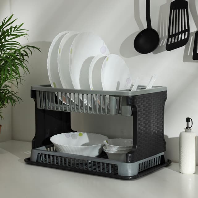 Royalford 2 Layer Rattan Dish Drainer, Plastic Drainer, RF10117 - 2-Tier Plastic Dish Drainer Rack For Kitchen Counter With Removable Drain Board For Home Kitchen Counter Top Organizer