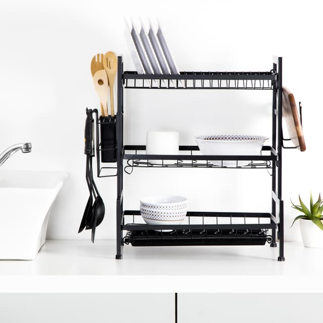 Royalford 3-Layer Stainless Steel Dish Rack, Holds 17 Plates, RF10154 | Attached PP Drain Board | Cutlery Holder, Cutting Board Holder | Convenient Moving & Durable Rack