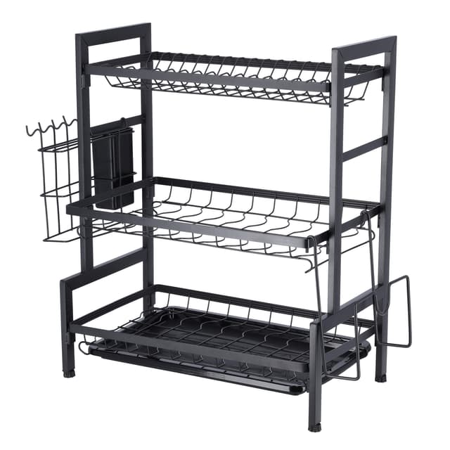Royalford 3-Layer Stainless Steel Dish Rack, Holds 17 Plates, RF10154 | Attached PP Drain Board | Cutlery Holder, Cutting Board Holder | Convenient Moving & Durable Rack