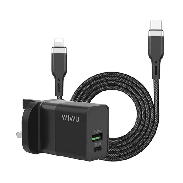 شاحن 30 واط مع كيبل شحن Type C الى Lighting متر ونصف  WIWU 30W QUICK CHARGE BUNDLE TYPE-C TO LIGHTNING
