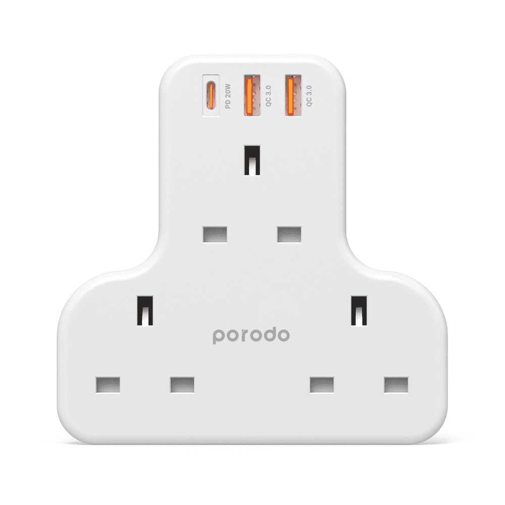 Porodo 3 AC 2 USB-A QC3.0 & USB-C PD 20W Multiport Wall Socket 3250W UK - White