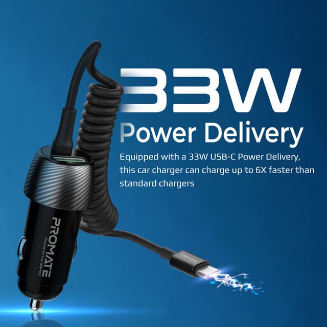 promate 33W Quick Charging Car Charger with USB-C Cable