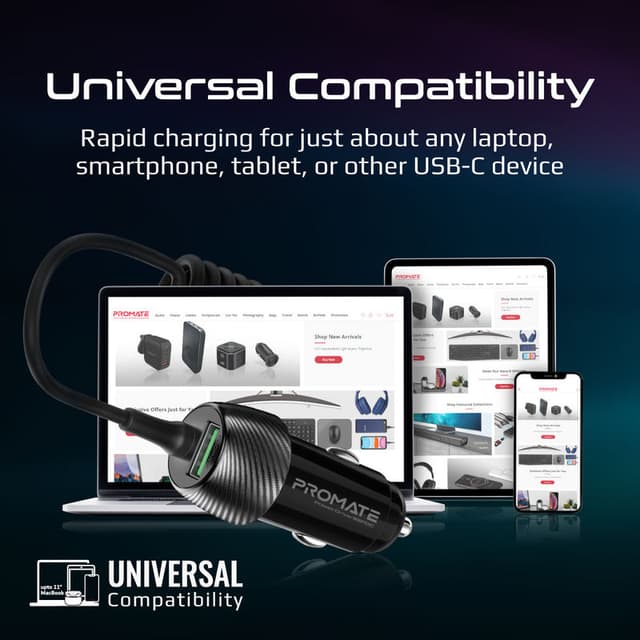 promate 33W Quick Charging Car Charger with USB-C Cable