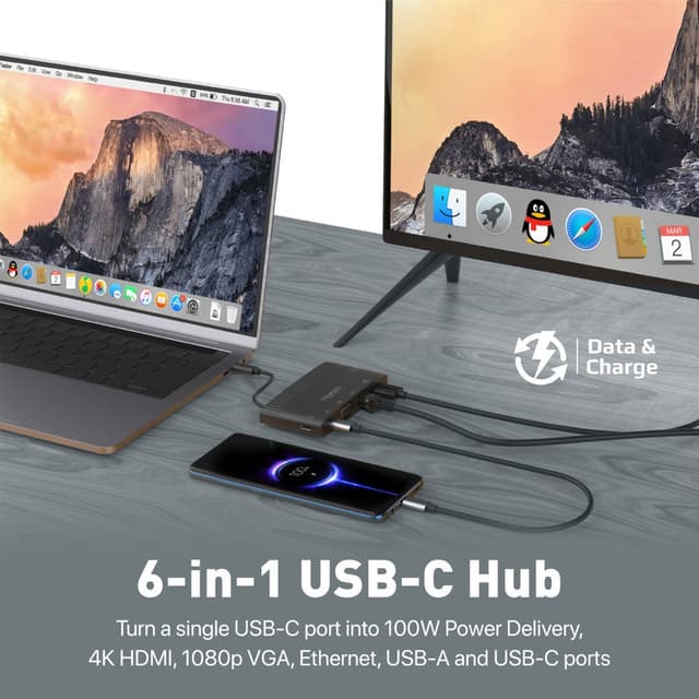 موزع USB-C إلى HDMI و USB-C وEthernet و USB 3.0 وVGA جهاز 6في1 بروميت promate 6-in-1 Highly Versatile USB-C Media Hub
