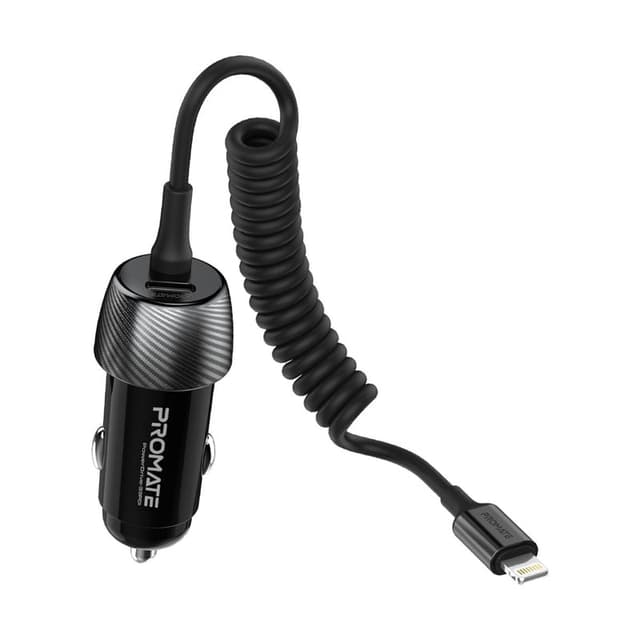 promate 33W Quick Charging Car Charger with Lightning Connector Cable