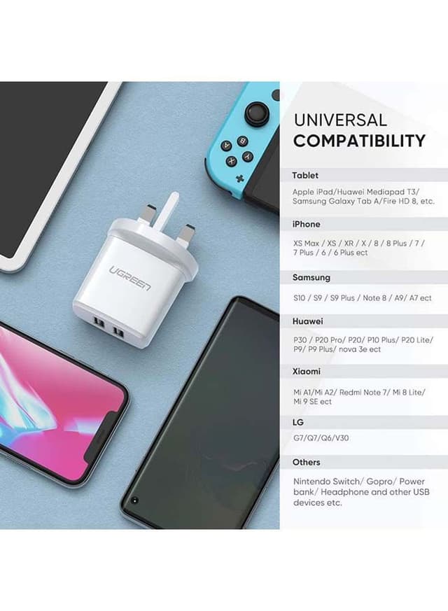UGREEN USB Charger USB Plug,2 Port 17W 3.4A Mains Charger compatible for iPhone 13,12,11, Pro Max iPad Air,iPad Pro,Samsung Galaxy S20,S9,S8,S7 Edge,S6, HUAWEI White