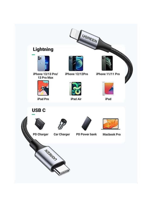 UGREEN iPhone Cable 2M [MFi Certified] USB C to Lightning Fast Charging Wire Braided Cord 18W Fast PD Charge for iPhone 13/12/11/XS/Pro Max /Pro/Mini/SE/ ipad 9 black