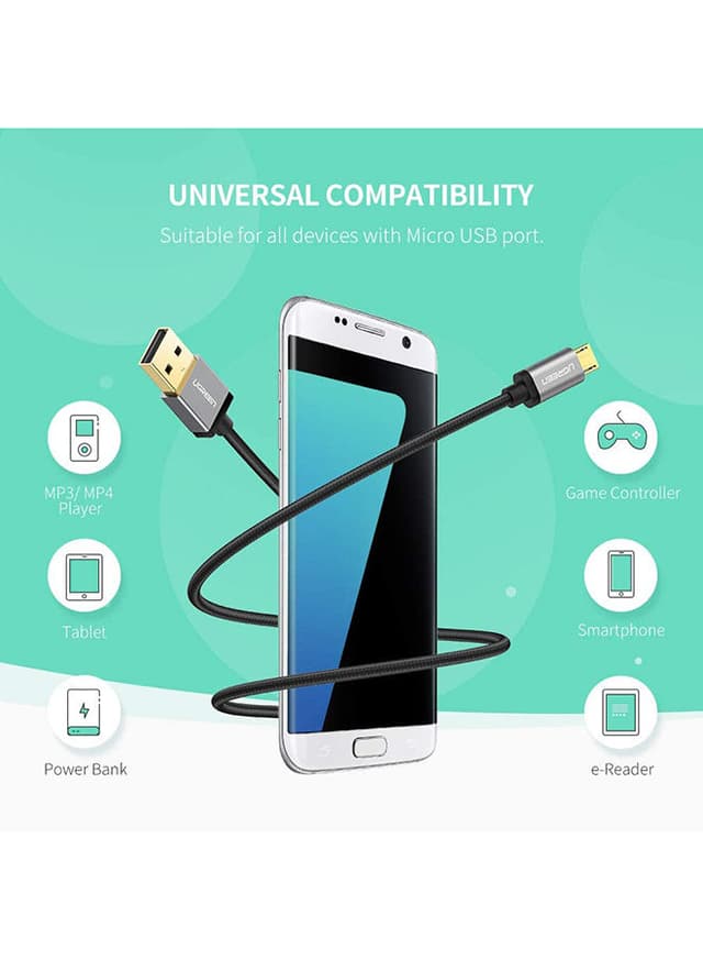 كيبل شحن USB إلى Micro USB 2.0 - أسود UGREEN Micro USB Cable 3M Nylon Braided Wire Fast Quick Charger Cord