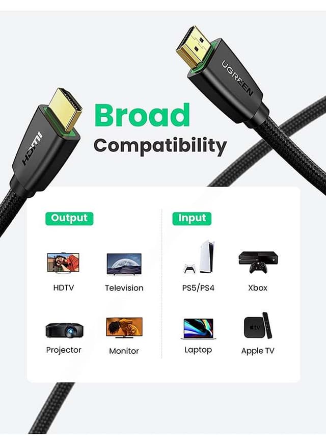 UGREEN HDMI Cable 2.0 3M Premium High-Speed HDMI to HDMI Video Wire 4K@60Hz Ultra HD Braided Cord Compatible for MacBook Pro 2021 Nintendo Switch PS3/4 /5 PC Laptop Black