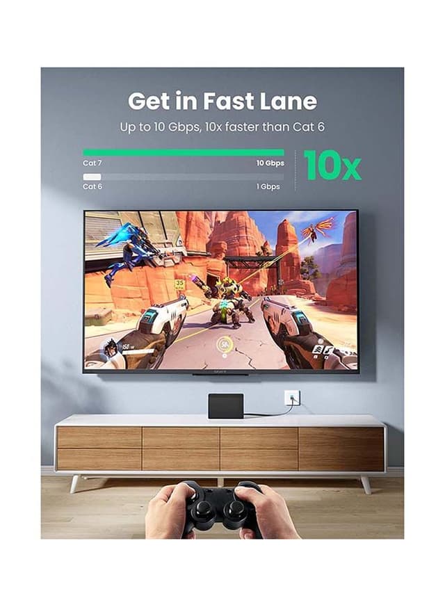 كيبل كات 7 , 1 متر - أسود UGREEN Ethernet Cable Cat7 High Speed Flat Gigabit RJ45 LAN Cable 10Gbps Shielded Internet Network