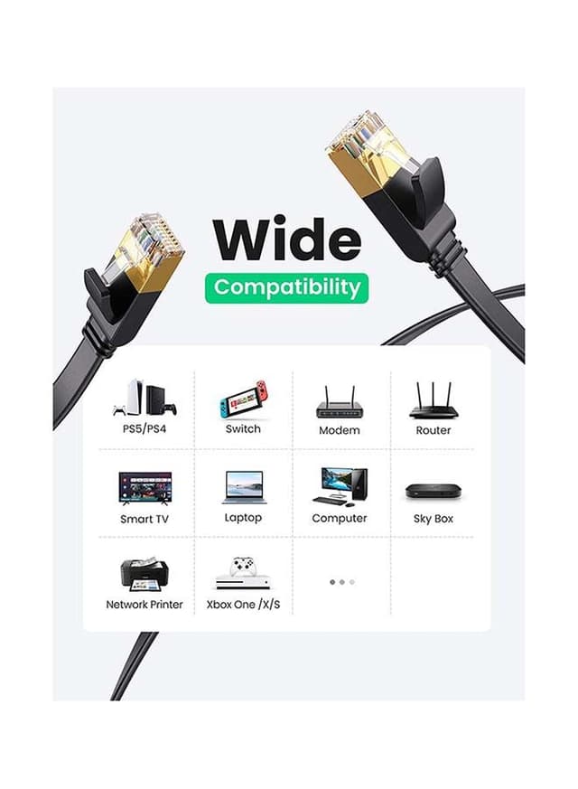 كيبل كات 7 , 1 متر - أسود UGREEN Ethernet Cable Cat7 High Speed Flat Gigabit RJ45 LAN Cable 10Gbps Shielded Internet Network