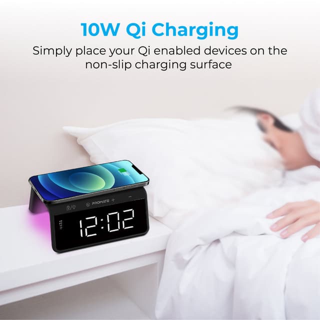 منبه ذكي 3 في 1  PROMATE Multi-Function LED Alarm Clock with 10W Wireless Charger