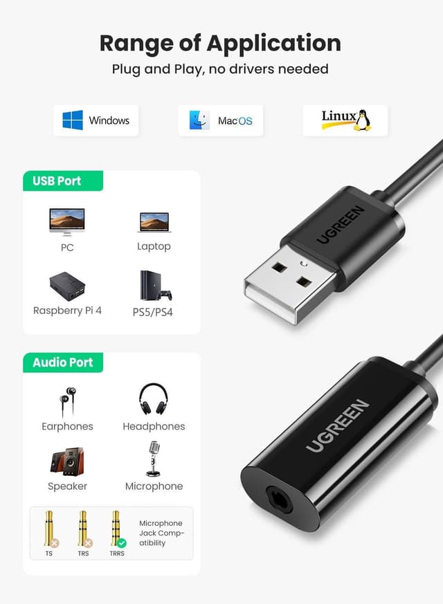 وصلة تحويل USB إلى 3.5 ملم UGREEN USB Sound Card External Converter USB Audio Adapter with 3.5mm Aux Stereo