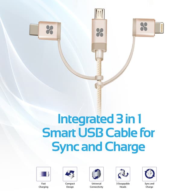 كيبل شحن متعدد الإستخدامات 3 في 1 - 1.2 متر   PROMATE Apple MFi Trio-ended Charge and Sync Cable