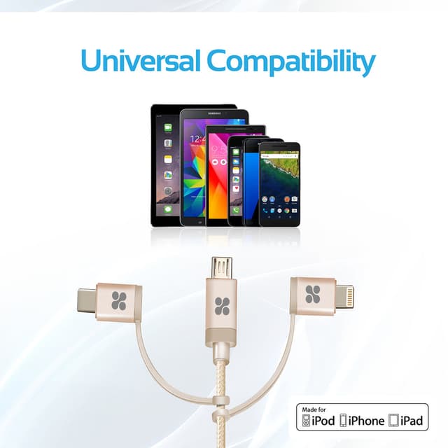 كيبل شحن متعدد الإستخدامات 3 في 1 - 1.2 متر   PROMATE Apple MFi Trio-ended Charge and Sync Cable