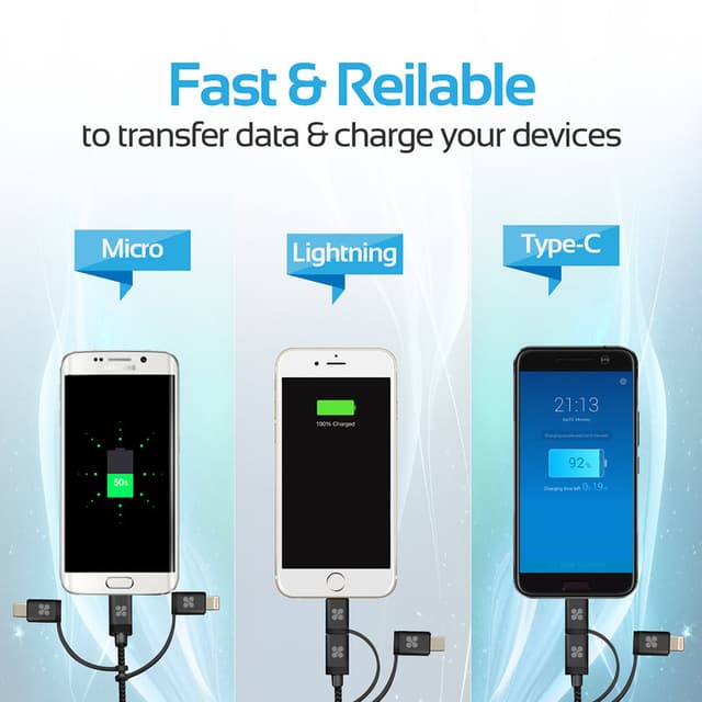 كيبل شحن متعدد الإستخدامات 3 في 1 - 1.2 متر   PROMATE Apple MFi Trio-ended Charge and Sync Cable