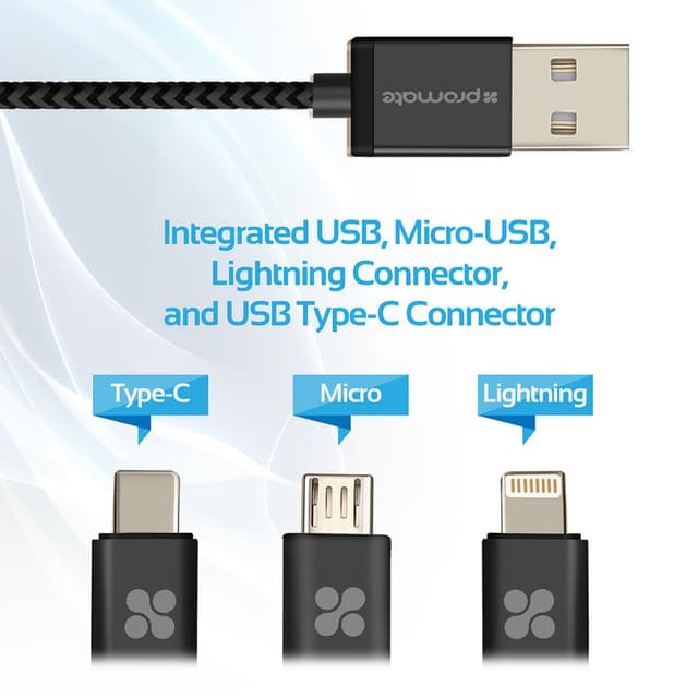 كيبل شحن متعدد الإستخدامات 3 في 1 - 1.2 متر   PROMATE Apple MFi Trio-ended Charge and Sync Cable