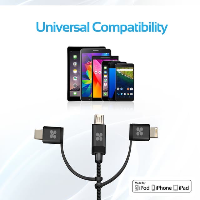 كيبل شحن متعدد الإستخدامات 3 في 1 - 1.2 متر   PROMATE Apple MFi Trio-ended Charge and Sync Cable