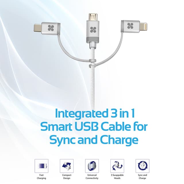 كيبل شحن متعدد الإستخدامات 3 في 1 - 1.2 متر   PROMATE Apple MFi Trio-ended Charge and Sync Cable