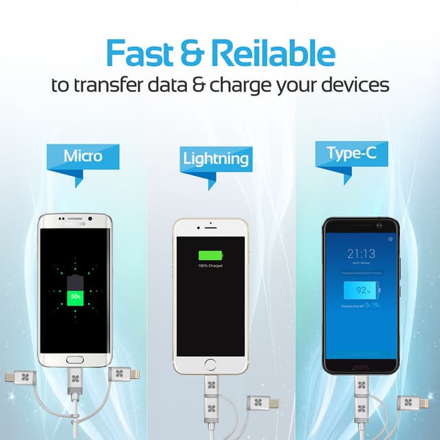 كيبل شحن متعدد الإستخدامات 3 في 1 - 1.2 متر   PROMATE Apple MFi Trio-ended Charge and Sync Cable