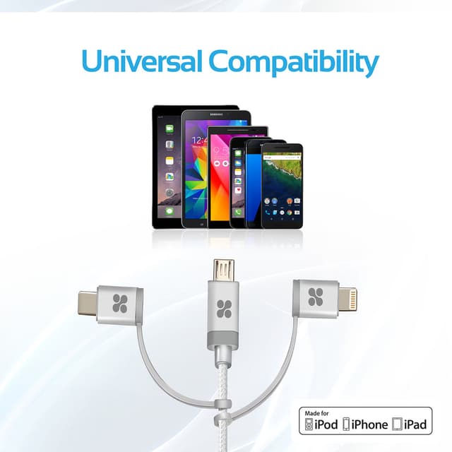 كيبل شحن متعدد الإستخدامات 3 في 1 - 1.2 متر   PROMATE Apple MFi Trio-ended Charge and Sync Cable