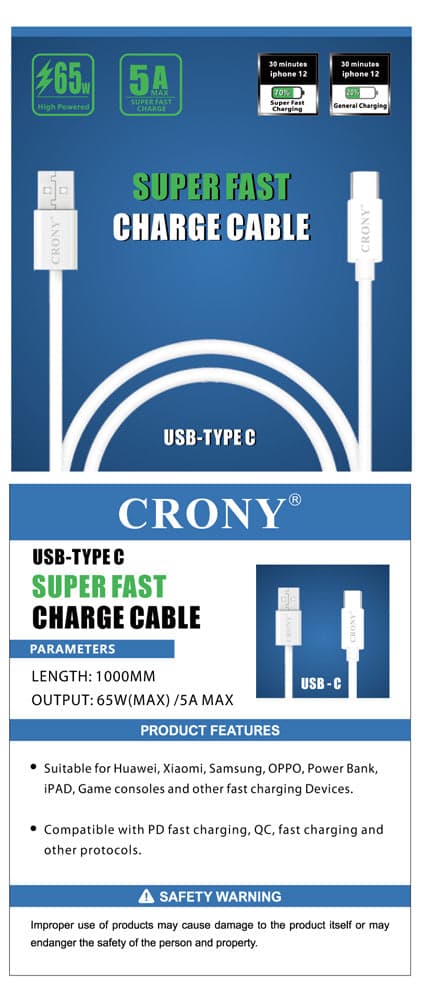 كيبل شحن من USB الى Type C  - أبيض CRONY Quick Charge & Data U-C Cable