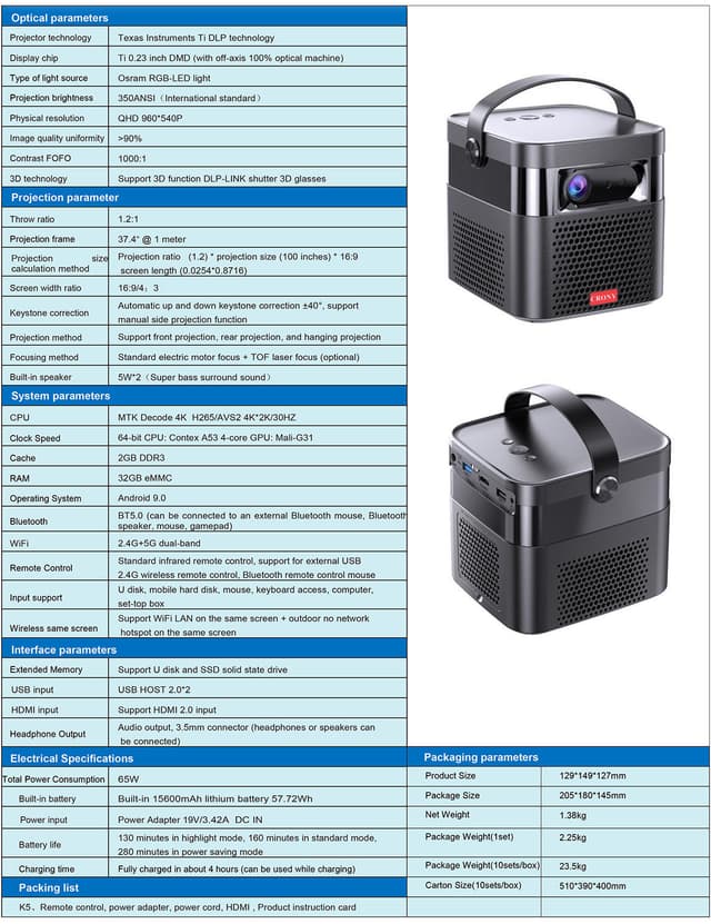 CRONY K5 upright Projector with BT speaker 3D Smart DLP Projector 800 ANSI Lumens 1080P Portable Outdoor DLP 4k Projector