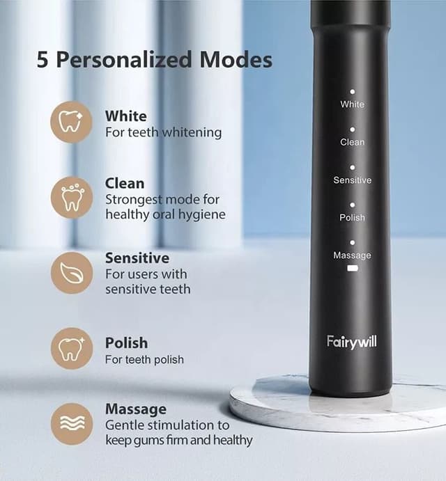 Fairywill E11 Sonic Electric Toothbrush with 8 Bursh Heads Travel Case