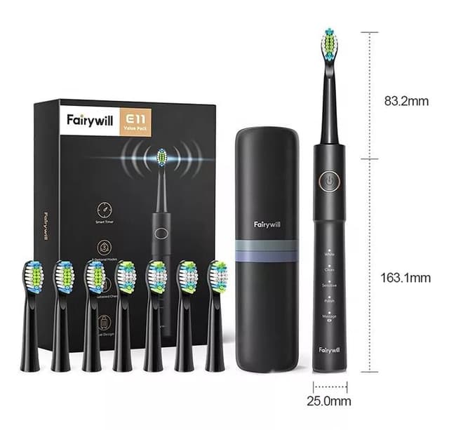 Fairywill E11 Sonic Electric Toothbrush with 8 Bursh Heads Travel Case