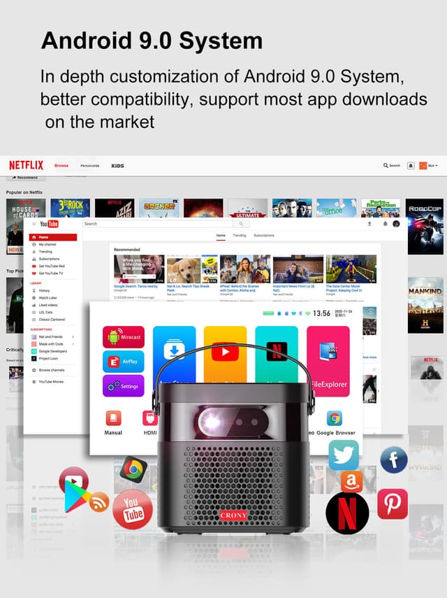 CRONY K5 upright Projector with BT speaker 3D Smart DLP Projector 800 ANSI Lumens 1080P Portable Outdoor DLP 4k Projector