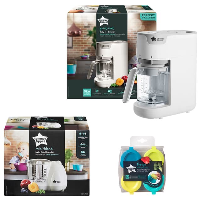مجموعة محضرة طعام و جهاز طبخ بالبخار وعاء فريزر حزمة 4في1  Tommee Tippee Quick Cook Baby Food Steamer Blender + Baby Food Blender + Pop Ups Freezer Pots & Tray x 4