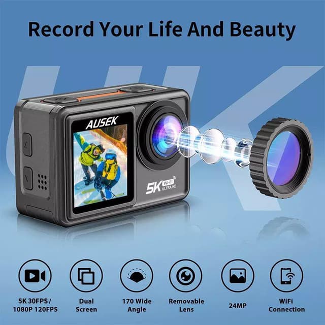 كاميرا فيديو مع شاشة مزدوجة Ausek Action Camera 5K 30Fps Touch Dual Screen