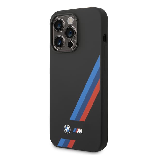 BMW M Collection Liquid Silicone Case With Slanted Tricolor Stripes & Printed Logo For iPhone 14 Pro Max - Black [ BMHCP14X22SOTK ]