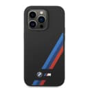 BMW M Collection Liquid Silicone Case With Slanted Tricolor Stripes & Printed Logo For iPhone 14 Pro Max - Black [ BMHCP14X22SOTK ]